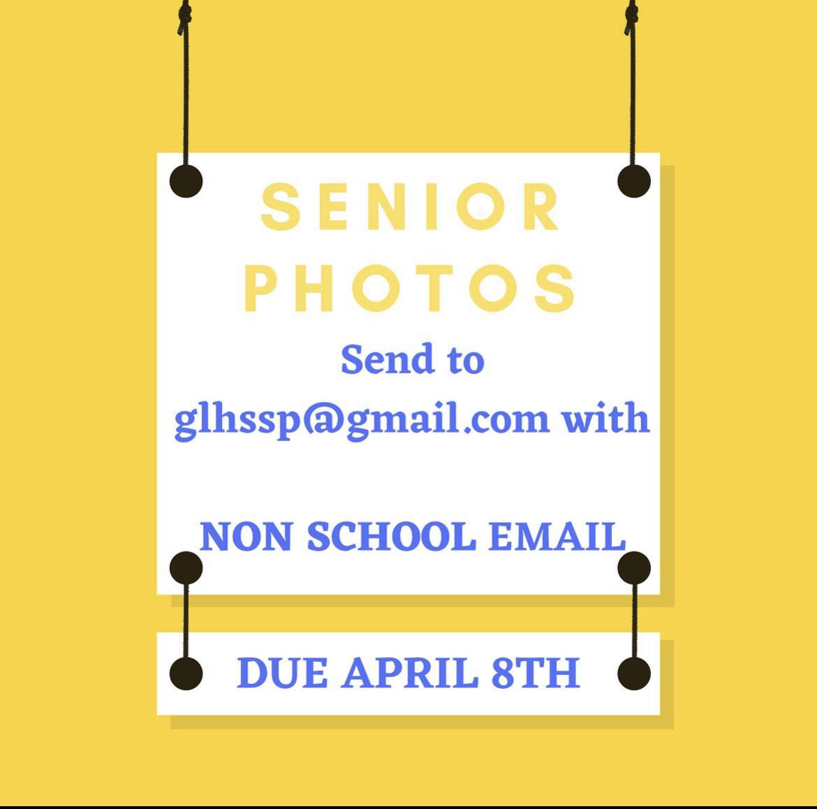 GLHSYearbook's tweet photo. 🚨SENIOR PHOTOS🚨

Send to glhssp@gmail.com

Due Friday
APRIL 8TH‼️

@GahannaJeffersn @jessicaslocum3 @GLHSLions @GLHSCounselors @LincolnLiveTV https://t.co/XGlhnTNnF2
