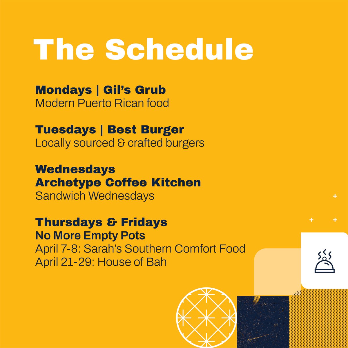 Lunch pop-ups start back up today at 11 am with Gil’s Grub! Lunch is available every day this week 11-1. New to the schedule is Sarah’s Southern Comfort Food in the No More Empty Pots truck this Thurs / Fri! Meet some neighbors and support these awesome local businesses!