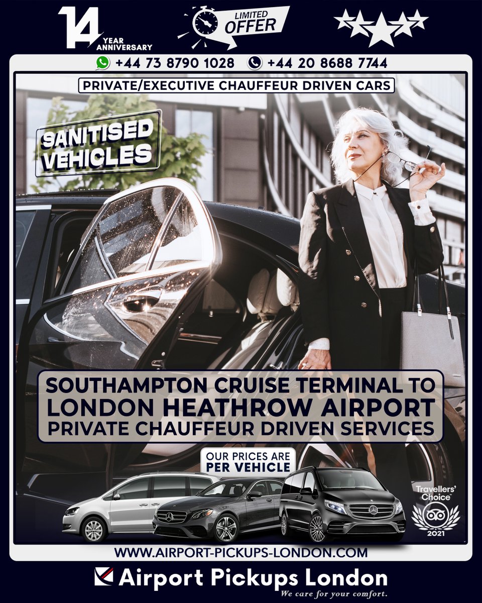 #Southampton Cruise Terminal to #HeathrowAirport Private & VIP #Chauffeured Transfers 🌟

Secure & Online Booking: airport-pickups-london.com

Contact APL Cars 24/7: +44 208 688 7744

#LondonPrivateTransfers #PrivateChauffeurs #LondonCruisePortTransfer #DoverTransfers #MeetAndGreet