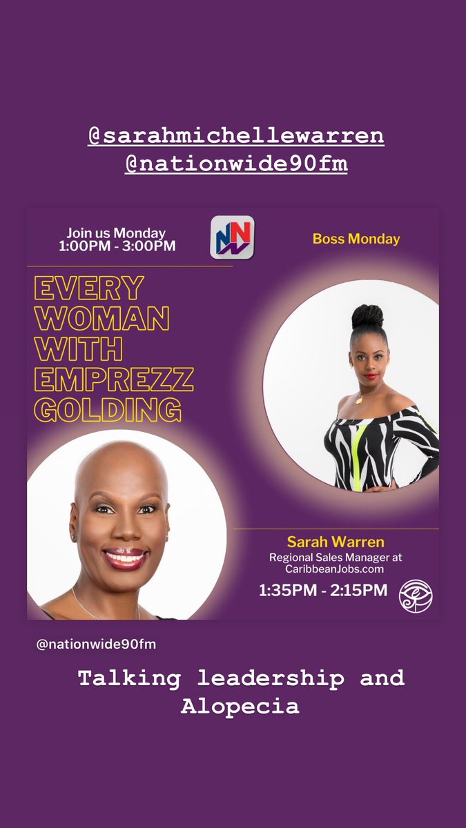 EmprezzGolding's tweet photo. Tune in to #BossMonday at 1:35-2:15pm on Every Woman with Emprezz Golding!
Today Emprezz will be joined by Sarah Warren, Regional Sales Manager at https://t.co/PD4s1BhpCm
She shares #Herstory living with Alopecia.
#EveryWomanWithEmprezzGolding #Nationwide90FM #NW90FM https://t.co/Oi1MHxT3DD
