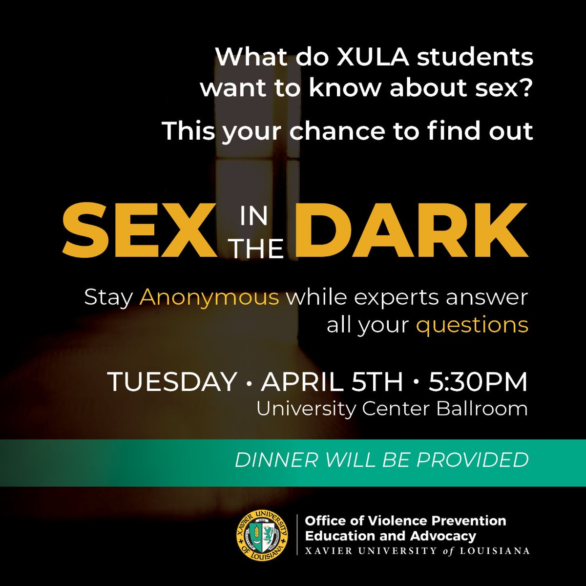 Hey Xavierites! 

Have questions about practicing safe sexual health but want to remain anonymous? Join the Office of Violence Prevention Education &amp; Advocacy tomorrow in the UC Ballroom with experts who can help!

#XULA #eXcellence