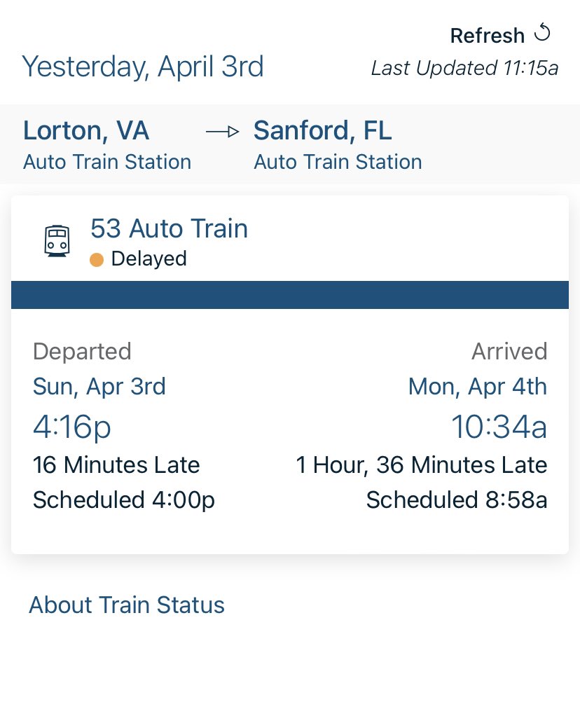 jen_1's tweet photo. Auto Train into Sanford this morning was delayed. #autotrain

As of a few mins ago my relative reported it was blocking the entrance to the parking lot, so cars going North (#52) will be waiting a while. https://t.co/g9eijd8CMv
