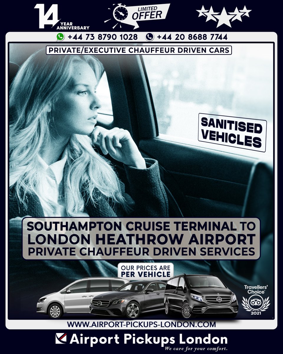 #SouthamptonPrivateCarService

Southampton Cruise Terminal - #HeathrowAirport Private/VIP #Chauffeured Transfers 🌟

Secure, Online Booking airport-pickups-london.com

Contact Us 24/7: +44 208 688 7744

#LondonPrivateTransfers #PrivateChauffeurs #CruisePortTransfer #DoverTransfers