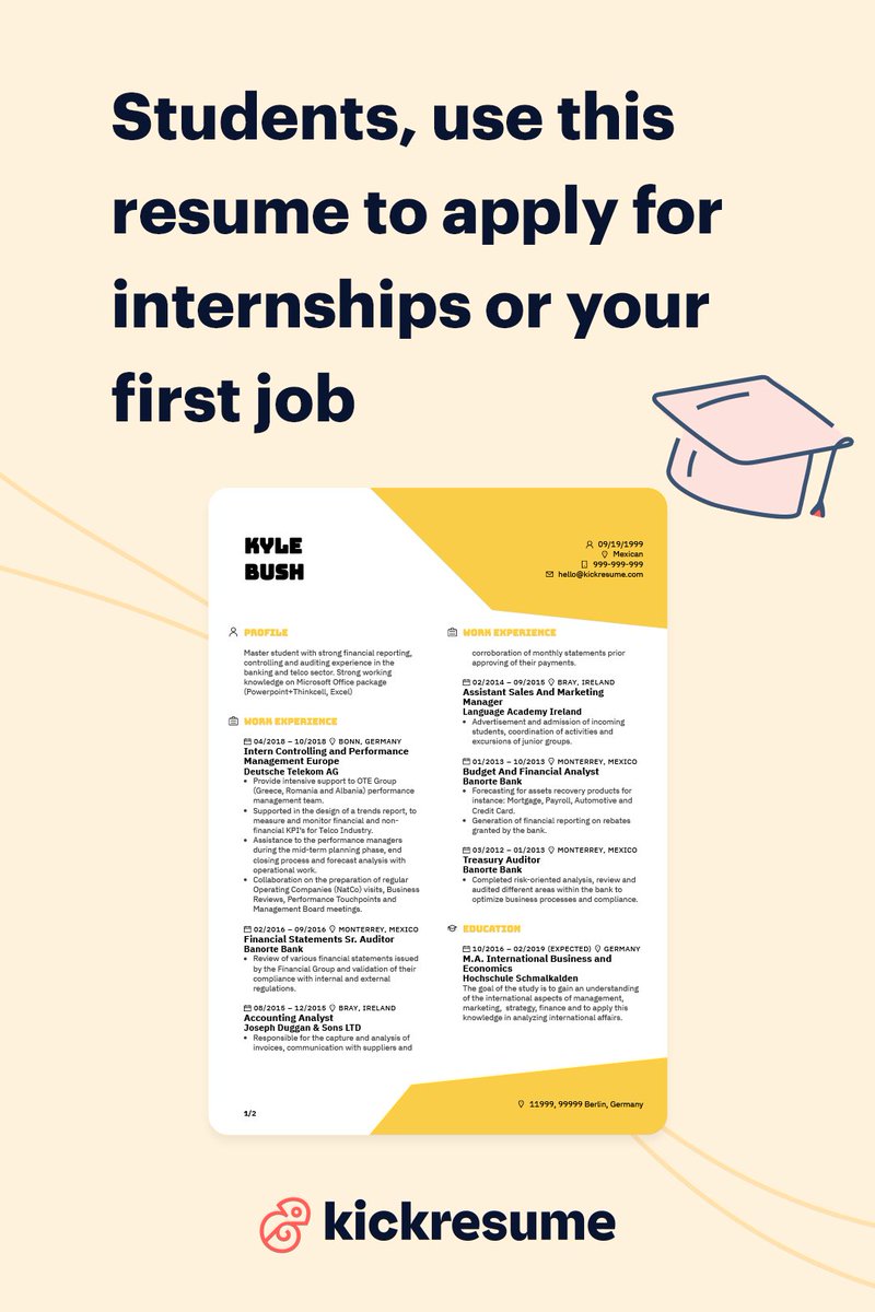 Kickresume's tweet photo. No #experience? No problem. When writing your first #studentresume, remember that your competition is probably as inexperienced as you are. Presentation is key. 👍
More student resumes examples: https://t.co/5JGASLmZt2 https://t.co/jLeKpDOdNa