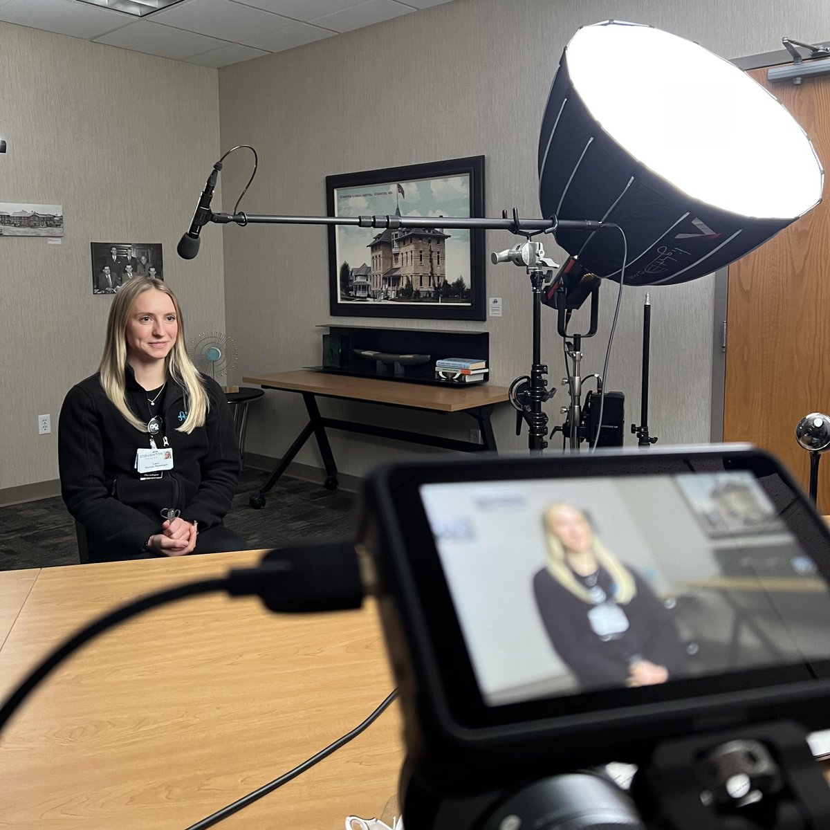 Behind the scenes filming a series of employee testimonials for Stoughton Health.