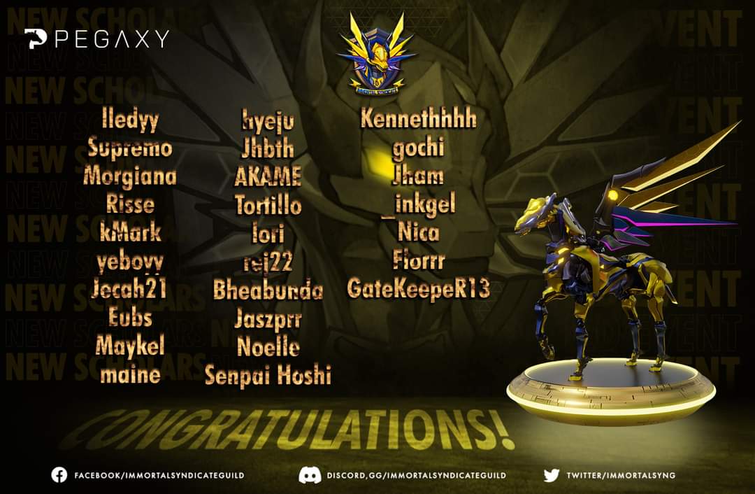 ImmortalSynG's tweet photo. A Big Congratulations to the winners of our massive Pegaxy Scholar giveaway happened over the weekend! 🥳

We hope you had fun testing your wits and speed to becoming a Jockey. Please stay tuned as we still have so much more to offer you. 🤩

Keep those energies running!⚡️ https://t.co/c4SzG1nevI