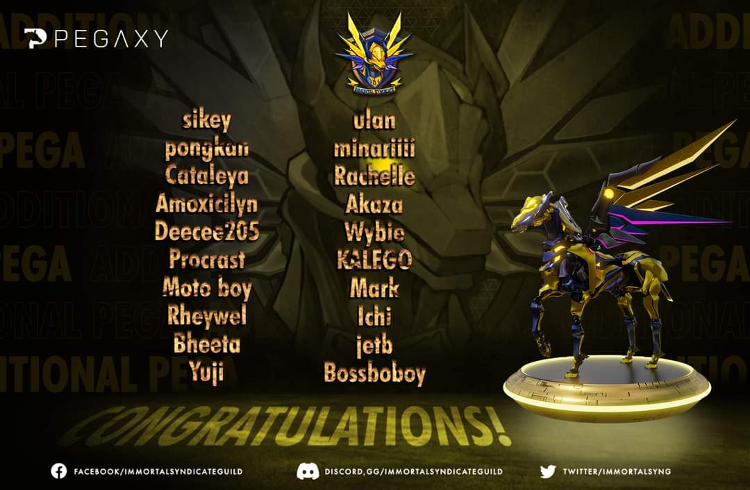 ImmortalSynG's tweet photo. A Big Congratulations to the winners of our massive Pegaxy Scholar giveaway happened over the weekend! 🥳

We hope you had fun testing your wits and speed to becoming a Jockey. Please stay tuned as we still have so much more to offer you. 🤩

Keep those energies running!⚡️ https://t.co/c4SzG1nevI