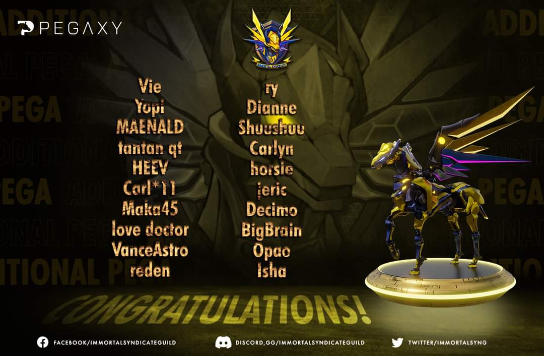 ImmortalSynG's tweet photo. A Big Congratulations to the winners of our massive Pegaxy Scholar giveaway happened over the weekend! 🥳

We hope you had fun testing your wits and speed to becoming a Jockey. Please stay tuned as we still have so much more to offer you. 🤩

Keep those energies running!⚡️ https://t.co/c4SzG1nevI