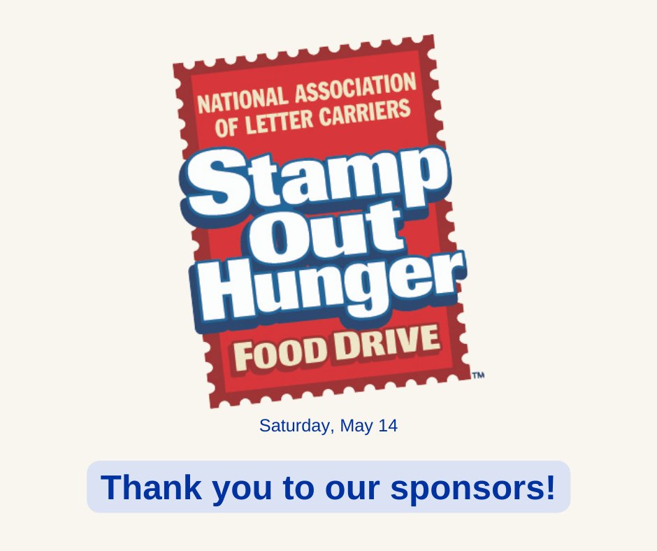 StampOutHunger's tweet photo. We can't wait for the #StampOutHunger Food Drive on May 14! A huge THANK YOU to all of our amazing sponsors who make it possible! @KelloggCompany @cvspharmacy @Valpakcoupons @Vericast @AFLCIO @UnitedWay @UFCW @USPS @NRLCA https://t.co/JklX5FHxLx