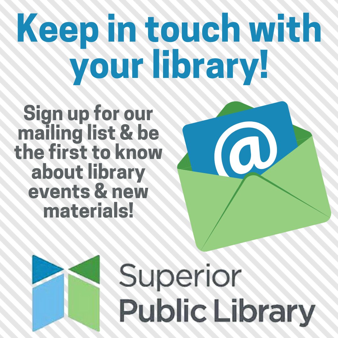LibrarySuperior's tweet photo. It's National Library Week! Looking for an easy way to support your library? Sign up for a newsletter! We'll let you know about our newest materials &amp; upcoming events! Visit https://t.co/QmTxpJ1c1g to sign up! #NationalLibraryWeek #SuperiorWI #WisconsinLibraries https://t.co/qQVNOD9oW6