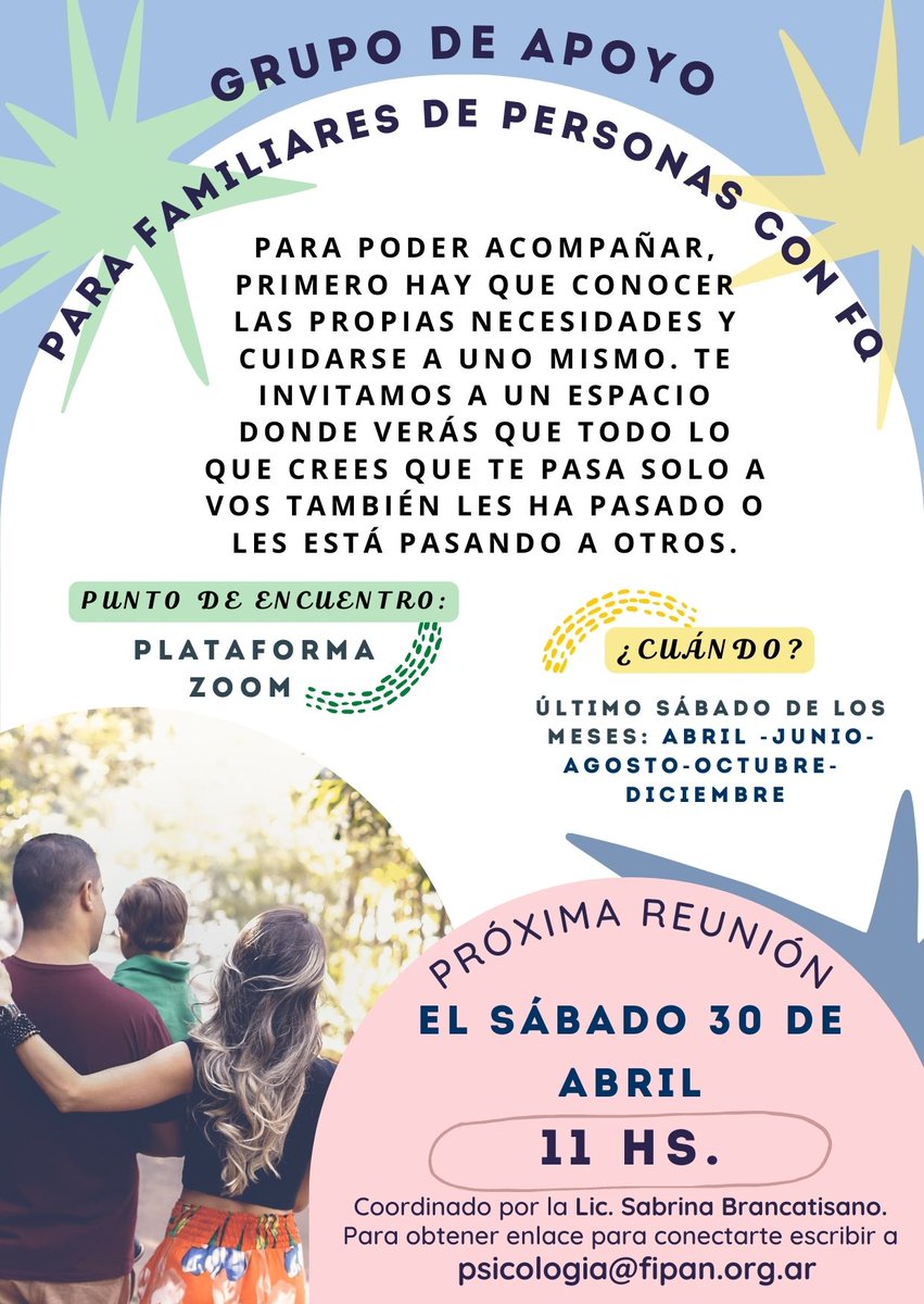 ¿Sos padre, abuelo, pareja, cónyuge, hermano? ¿Amas a alguien que vive con FQ?  
¡Este espacio es para vos! 
Compartir recursos y herramientas, aprender estrategias de autocuidado y mejorar la calidad de vida.

Para más info e inscripción: 
psicologia@fipan.org.ar

#gruposdeapoyo
