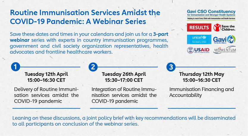 resultsuk's tweet photo. "Routine #Immunization Services Amidst the #COVID19 Pandemic."
Join us for a 3-part webinar series & hear from a range of speakers on this highly relevant and important topic.
Save the dates!
1⃣ April 12, 15:00-16:30 CET
2⃣ April 26, 15:30-17:00 CET
3⃣ May 12, 15:00-16:30 CET https://t.co/Wug54RAIXz