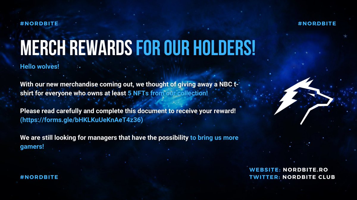 nordbite's tweet photo. Merch rewards for our holders!

Hello wolves!

With our new merchandise coming out, we thought of giving away a NBC t-shirt for everyone who owns at least 5 NFTs from our collection!

We are still looking for managers that have the possibility to bring us more
gamers!

#nordbite https://t.co/kd3GxlnKqz