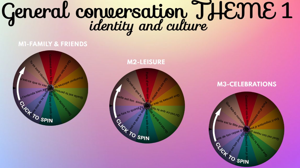CarolineLHeaney's tweet photo. Randomising wheels to practise GCSE French AQA General Conversation (questions from Studio). Good for independent practice. #genially #MFLtwitterati #edutwitter #edtech https://t.co/a7ffGXKRG8 https://t.co/87hb0AAh8J