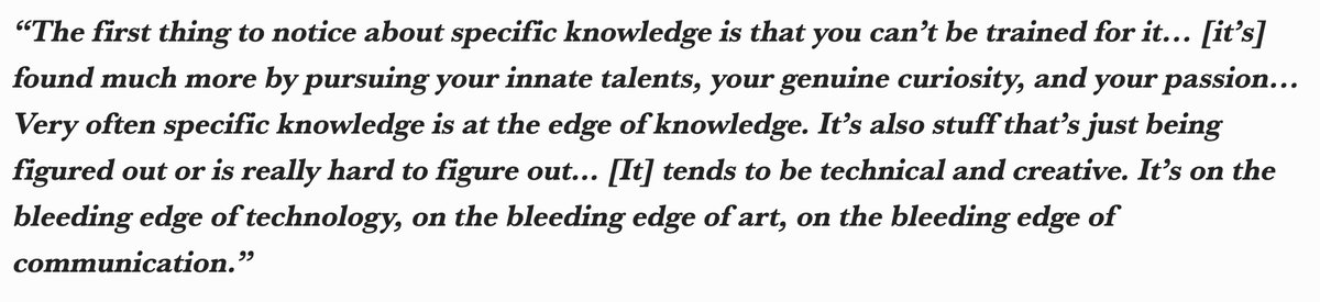 Specific KnowledgeWhat are you passionate about that you're willing to go deeper than anyone else? Some examples:•  @TaschaLabs crypto macro•  @woonomic bitcoin charts•  @zachxbt crypto investigations•  @sassal0x ETHThese creators are 1 of a kind.h/t  @naval