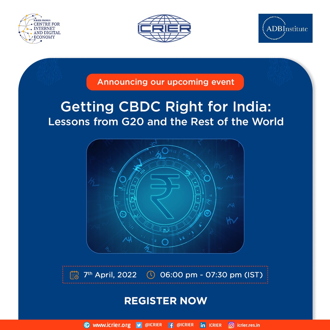 ICRIER's tweet photo. Tune in to #ICRIER's webinar on 'Getting Central Bank Digital Currency (CBDC) Right for India: Lessons from #G20 and the Rest of the World’ on 7th April at 6 PM. 

@ADBInstitute #DigitalCurrency 

Register Now - https://t.co/47NvDZvt1U https://t.co/a8yeW3EVK4