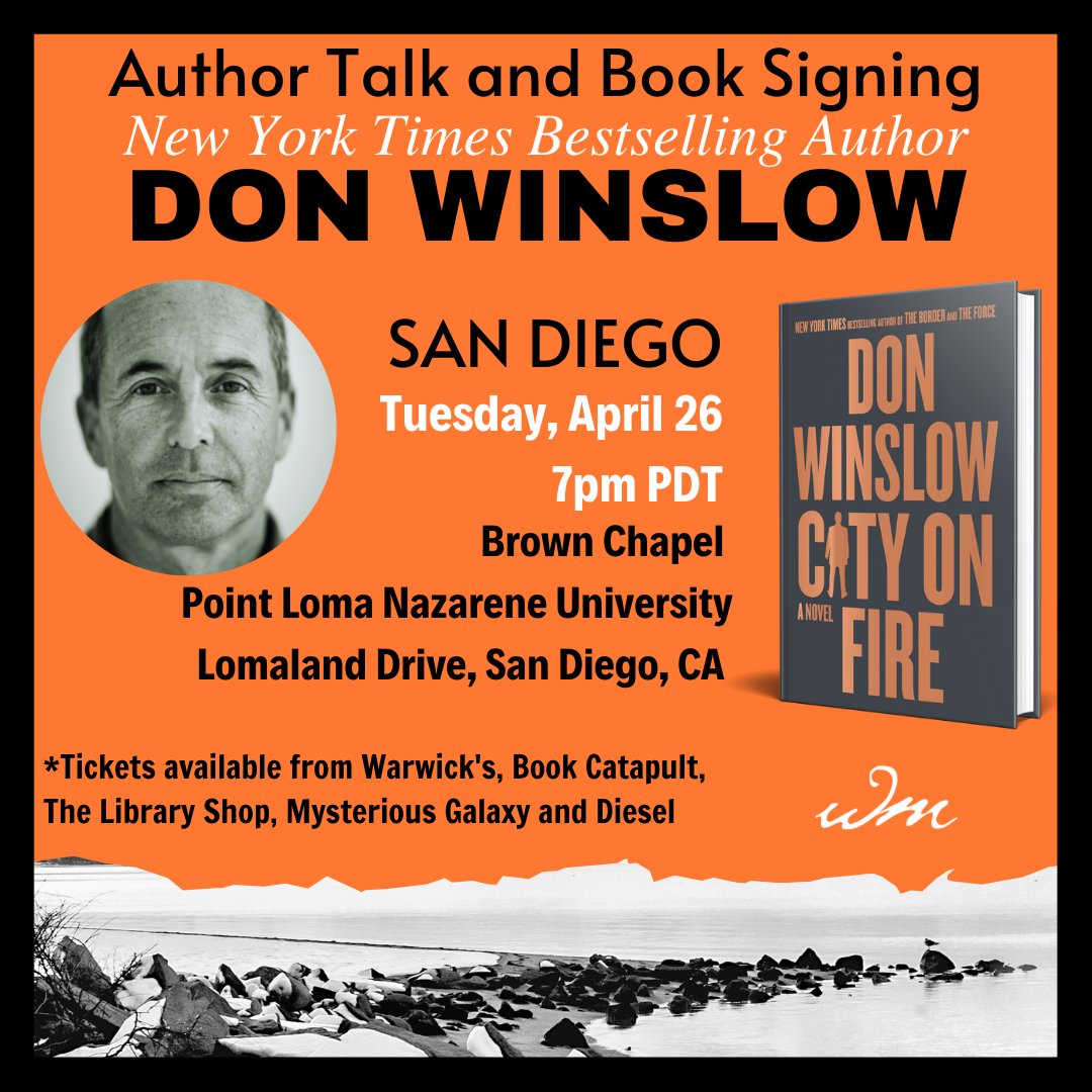 Hello San Diego! Come see me on **APRIL 26** Thrilled to be launching my #CityOnFire 23-stop tour from SAN DIEGO at this special event involving 5 San Diego bookstores - @warwicksbooks, @thebookcatapult, @LibraryShopSD, @MystGalaxyBooks, @DieselDelMar Would love to meet you.