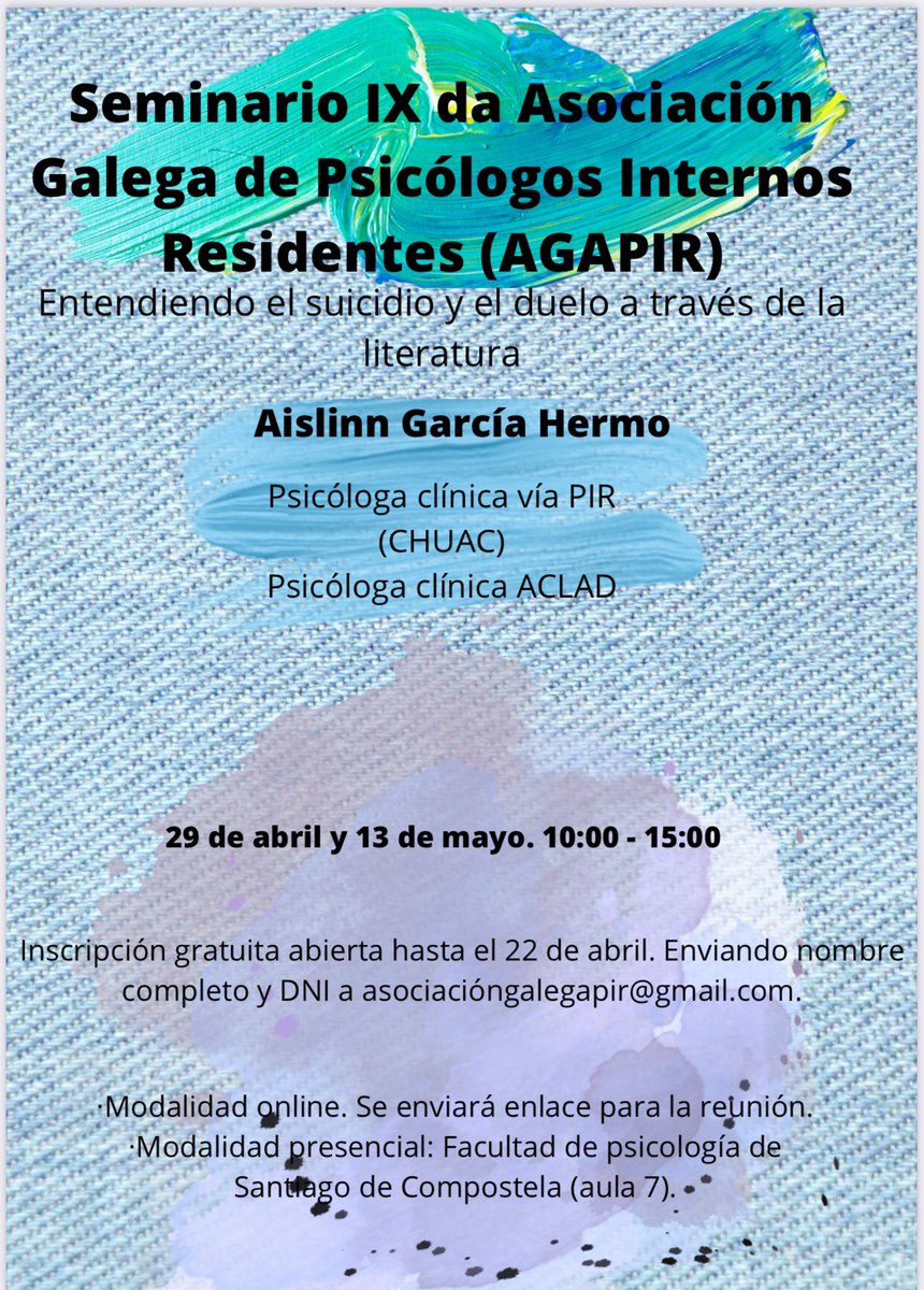 _AGAPIR's tweet photo. SESIÓN: Entendiendo el suicidio y el duelo a través la literatura
👩‍💻 Vía: Zoom y presencial. 
📅 Fecha: 29 de abril y 13 de mayo. De 10:00 a 15:00. 
🥼 Impartido: Aislinn García Hermo. Psicología Clínica
💰 Precio: Gratuito
#MasPlazasPIR 
#MasPlazasPEPC https://t.co/GuFq1Yb6sx