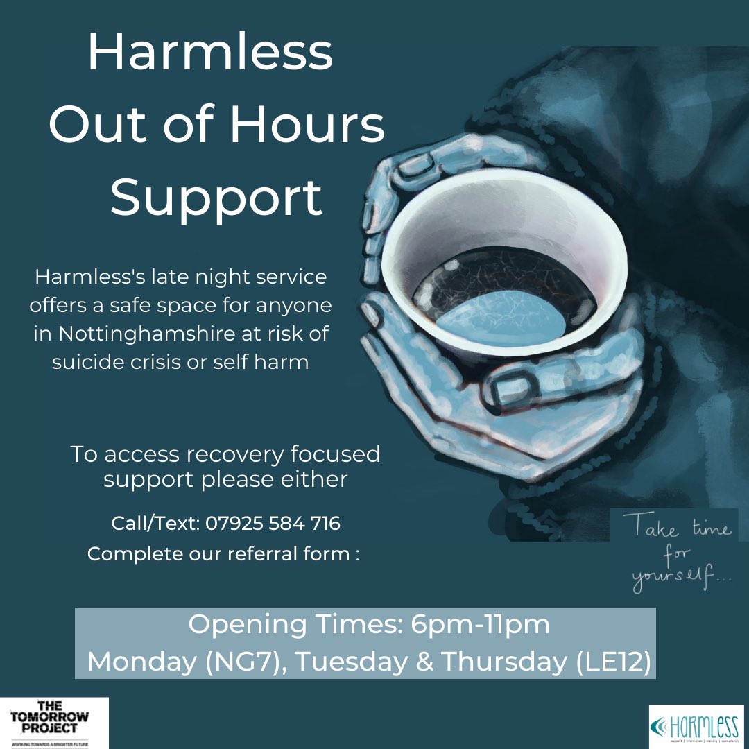 TP_bereavement's tweet image. This is just a reminder that our Harmless’s Out of Hours service is open this evening!⭐️ Our referral form can be found here surveymonkey.co.uk/r/Harmless-out… #nottinghamsupport #harmlesssupport #crisis #selfharmsupport