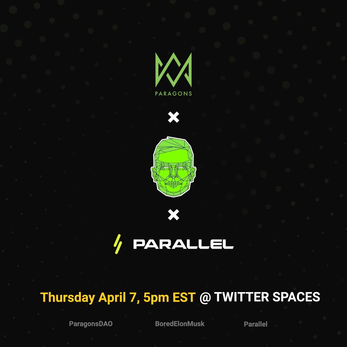 ParagonsDAO's tweet photo. Join us as we kick off our Spaces series with @BoredElonMusk on all things tech, gaming, crypto, NFTs and P2E! Learn about the Potential of Blockchain Gaming with two of the brilliant minds behind the groundbreaking @ParalleNFT (Kalos @templecrash and MrGone @Parallelnftpod). https://t.co/fcfeaY9Vdo