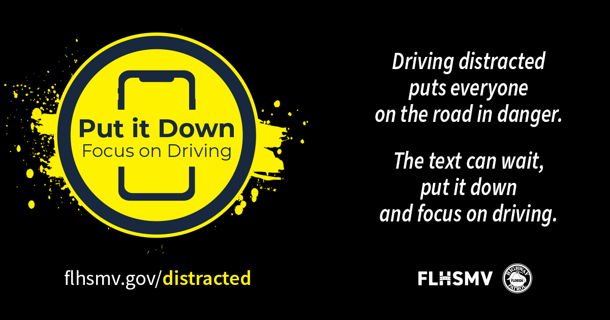 April is Distracted Driving Awareness Month. Remember: Put it Down. Focus on Driving. #ApopkaPoliceDepartment #FLHSMV #FloridaHighwayPatrol #CityofApopkaFL 
Learn more at FLHSMV.gov/Distracted