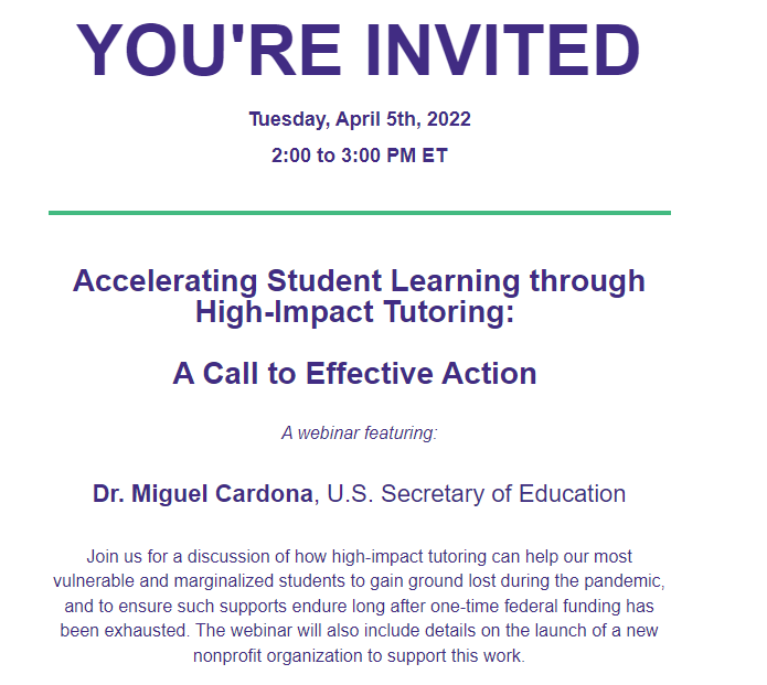 Arnold_Ventures's tweet photo. 🗓️ TOMORROW | Join @AmericaAchieves from 2 - 3 p.m. ET, for a webinar with @SecCardona on how high-impact tutoring can help K-12 students gain ground from learning losses due to the pandemic. 

Register here: https://t.co/rZs95arP5X https://t.co/6XngQzBPnr