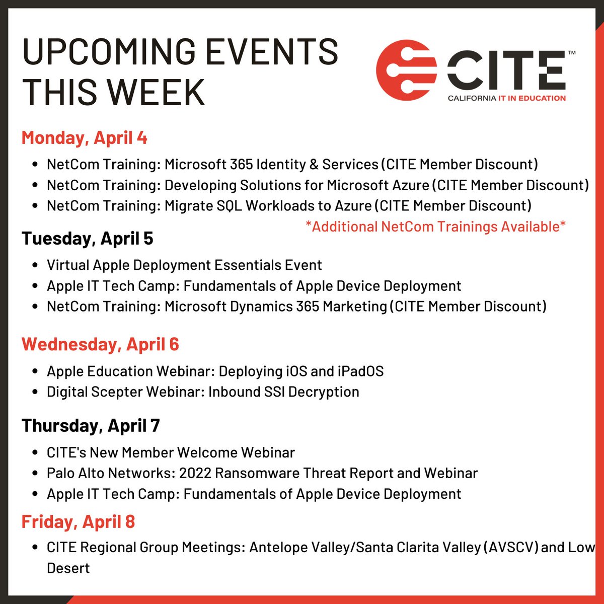 There are lots of upcoming events from CITE Regional Group meetings to partner webinars and events! Here are upcoming events for this week. Visit the CITE Community Calendar to see even more! cite.org/events/event_l… 
#CITE_EDU #k12sysadmin #edtech #technology