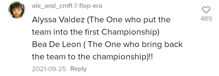 lovebealy's tweet photo. Nakita ko lang 'tong comment na 'to sa tiktok. It's true that Alyssa Valdez is the one who put the team into the first championship and Bea De Leon is the one who bring back the team to the championship. They made history. Salute to you both, @AlyssaValdez2 and @_beadel.💙💙 https://t.co/xDlIpp96Xt