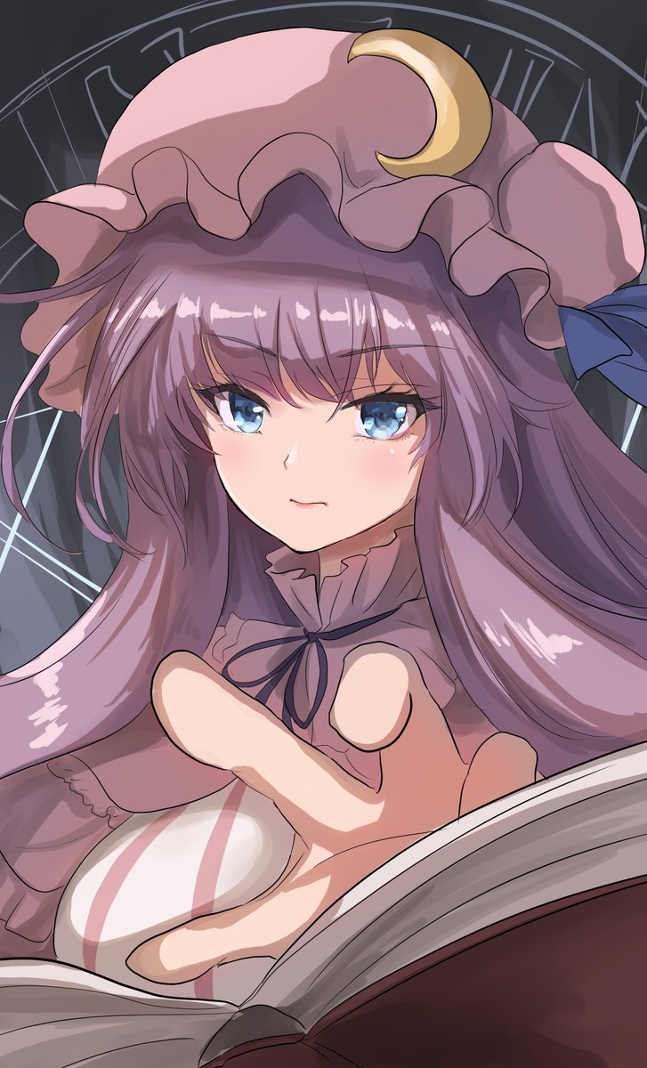 patchouli knowledge 1girl hat solo purple hair crescent book long hair  illustration images