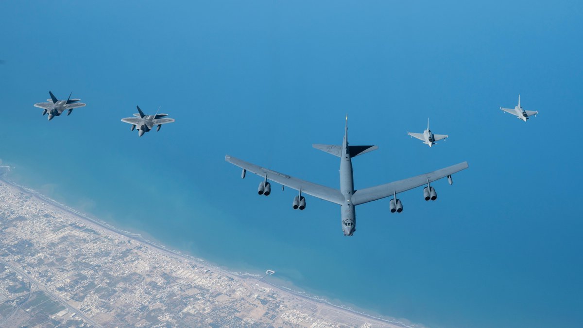 Department of Defense 🇺🇸 (@deptofdefense) on Twitter photo #StrongerTogether 🇺🇸 @USAirForce F-22 Raptors and 🇬🇧 <a href="/RoyalAirForce/">Royal Air Force</a> Eurofighter Typhoons fly alongside a U.S. Air Force B-52H Stratofortress above Oman in the Middle East. #StrongerTogether 🇺🇸 @USAirForce F-22 Raptors and 🇬🇧 <a href="/RoyalAirForce/">Royal Air Force</a> Eurofighter Typhoons fly alongside a U.S. Air Force B-52H Stratofortress above Oman in the Middle East.