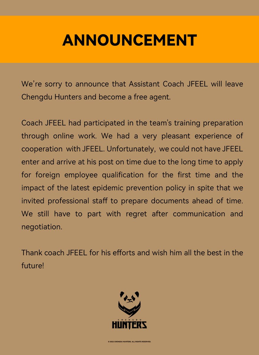 ChengduHunters's tweet photo. We had an announcement about JFEEL.
#ChengduHunters #ChengduZone https://t.co/ohqjLaEGpX