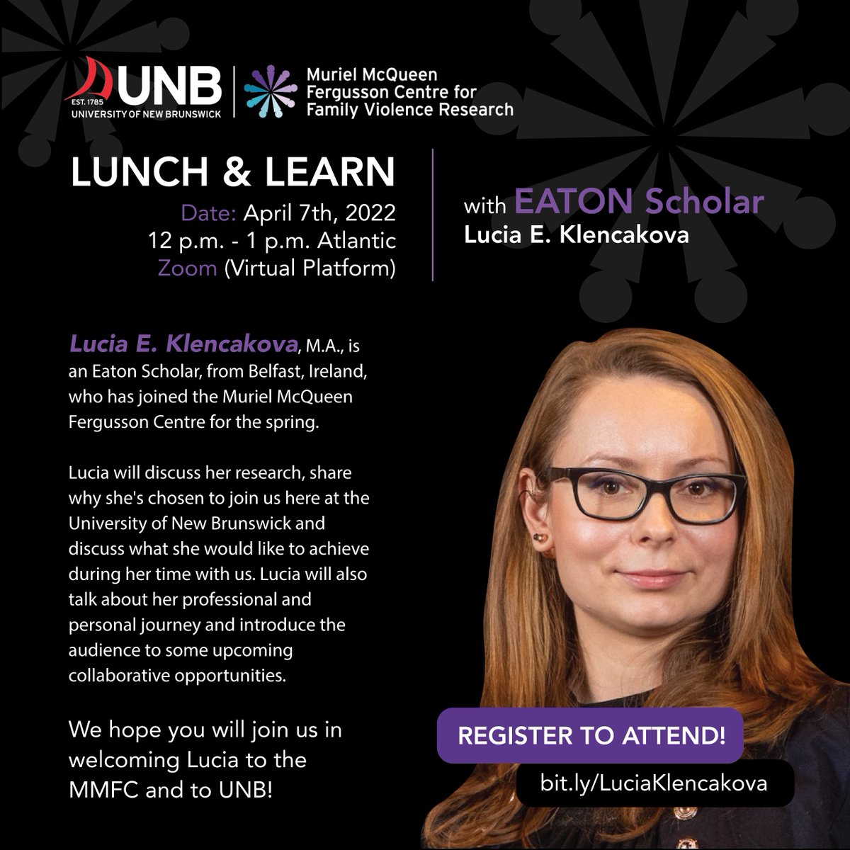 mmfcfvr's tweet image. Join the Muriel McQueen Fergusson Centre for Family Violence Research in welcoming Eaton Scholar Lucia E. Klencakova by attending our visiting scholar Lunch &amp;amp; Learn! Register to attend today! 
bit.ly/LuciaKlencakova