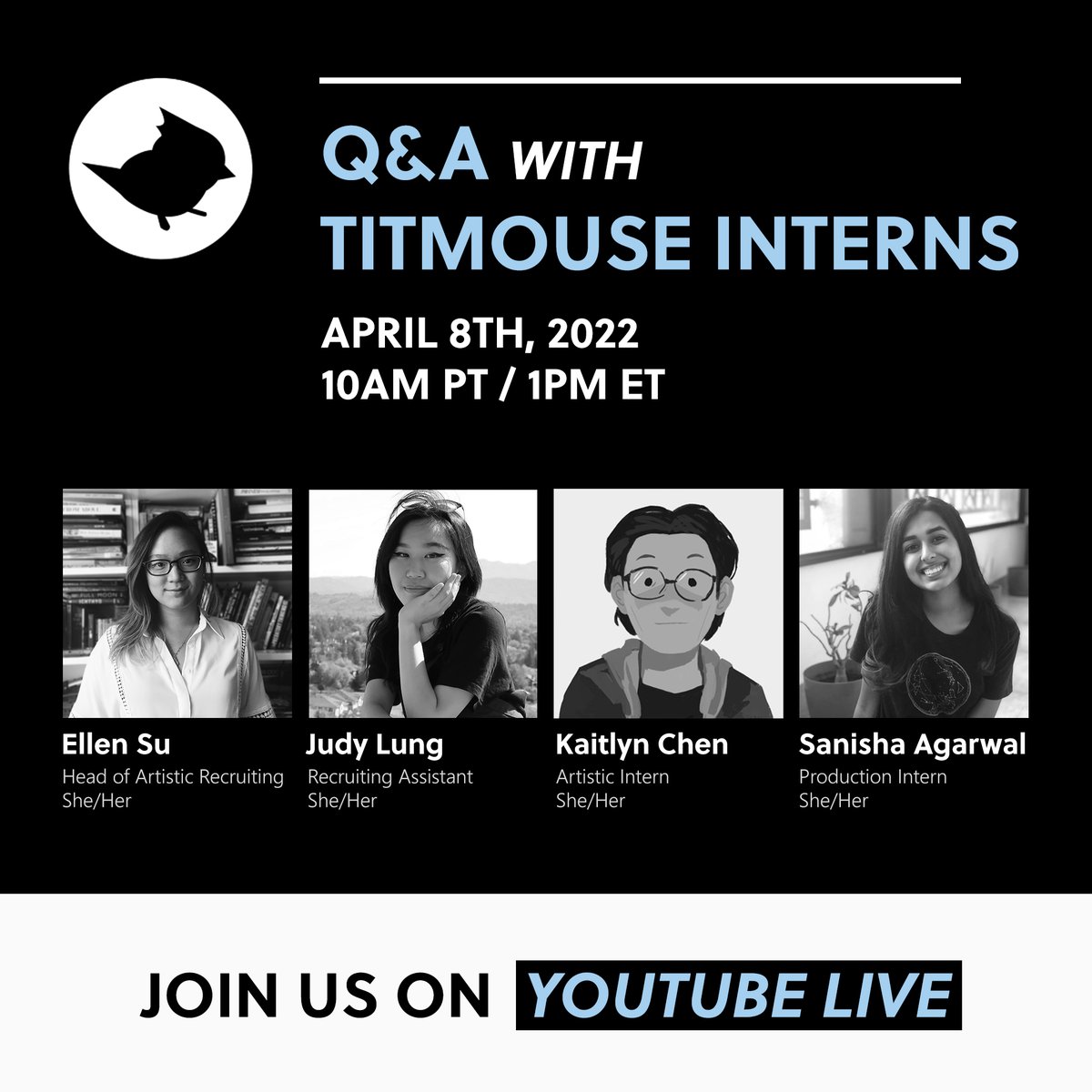 Questions about the upcoming <a href="/TitmouseInc/">Titmouse Animation</a> Summer Internship? Join us this Friday on our Youtube channel for a Q&amp;A! Hear how these previous interns landed not only the internship, but actual job opportunities afterwards! #internship #titmouse #animation