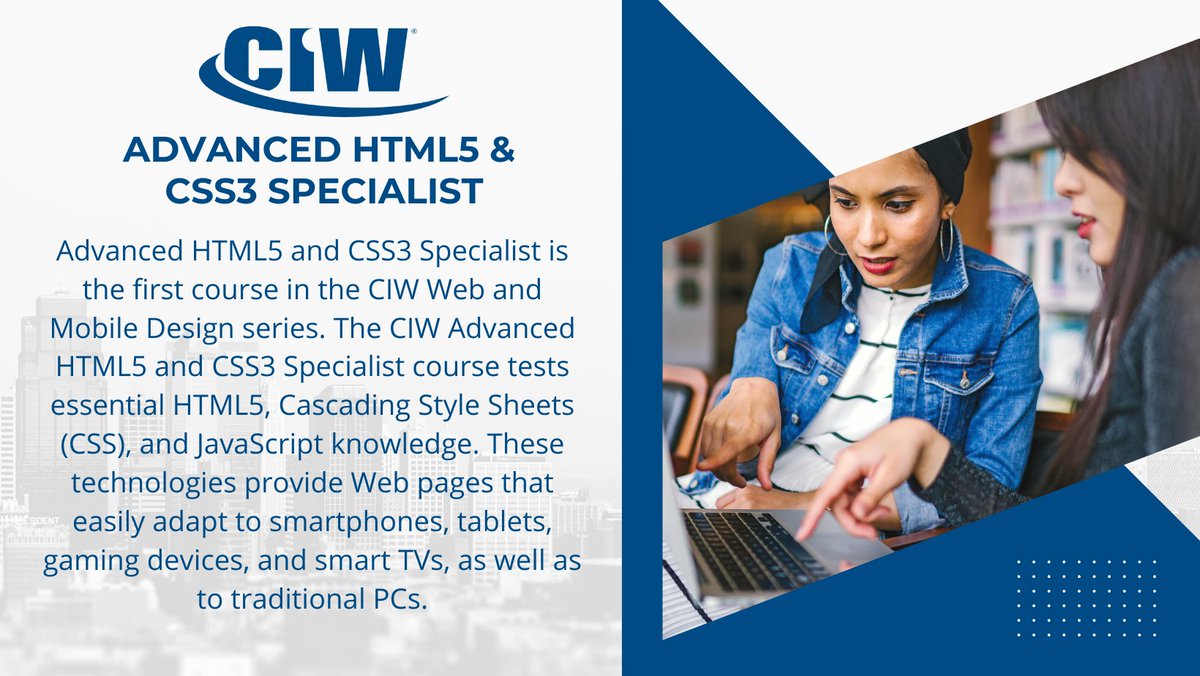 CIWCertified's tweet photo. This month we are highlighting our Web & Mobile Design Series. Our first course in the series is Advanced HTML5 & CSS3 Specialist.
#webandmobiledesign #design #HTML5 #CSS3 https://t.co/XiS4ugW6wq