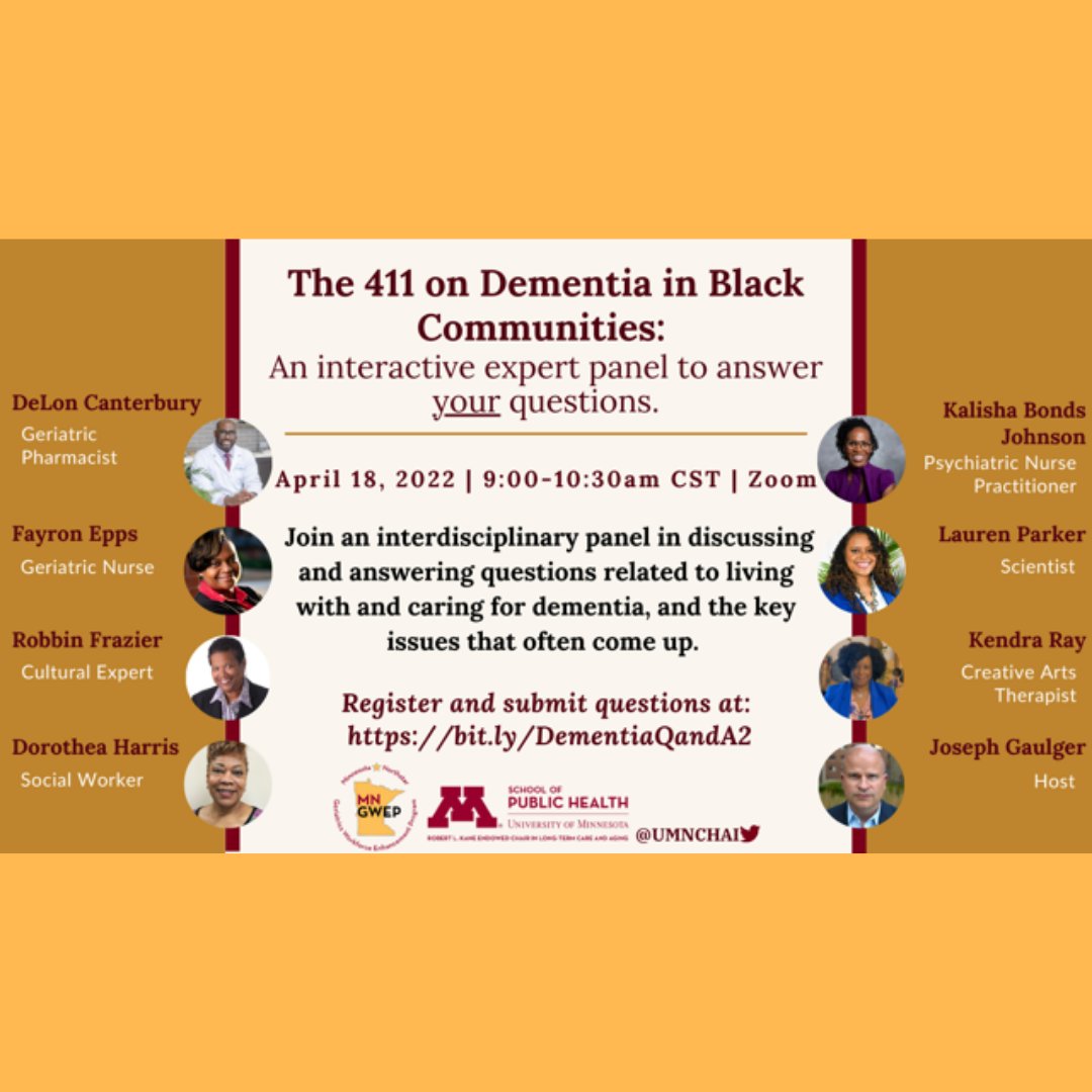 Please join us for a FREE interactive webinar with an inter-professional panel of experts to answer questions you have about dementia and dementia care on Monday, April 18, 2022 from 9-10:30AM CST.