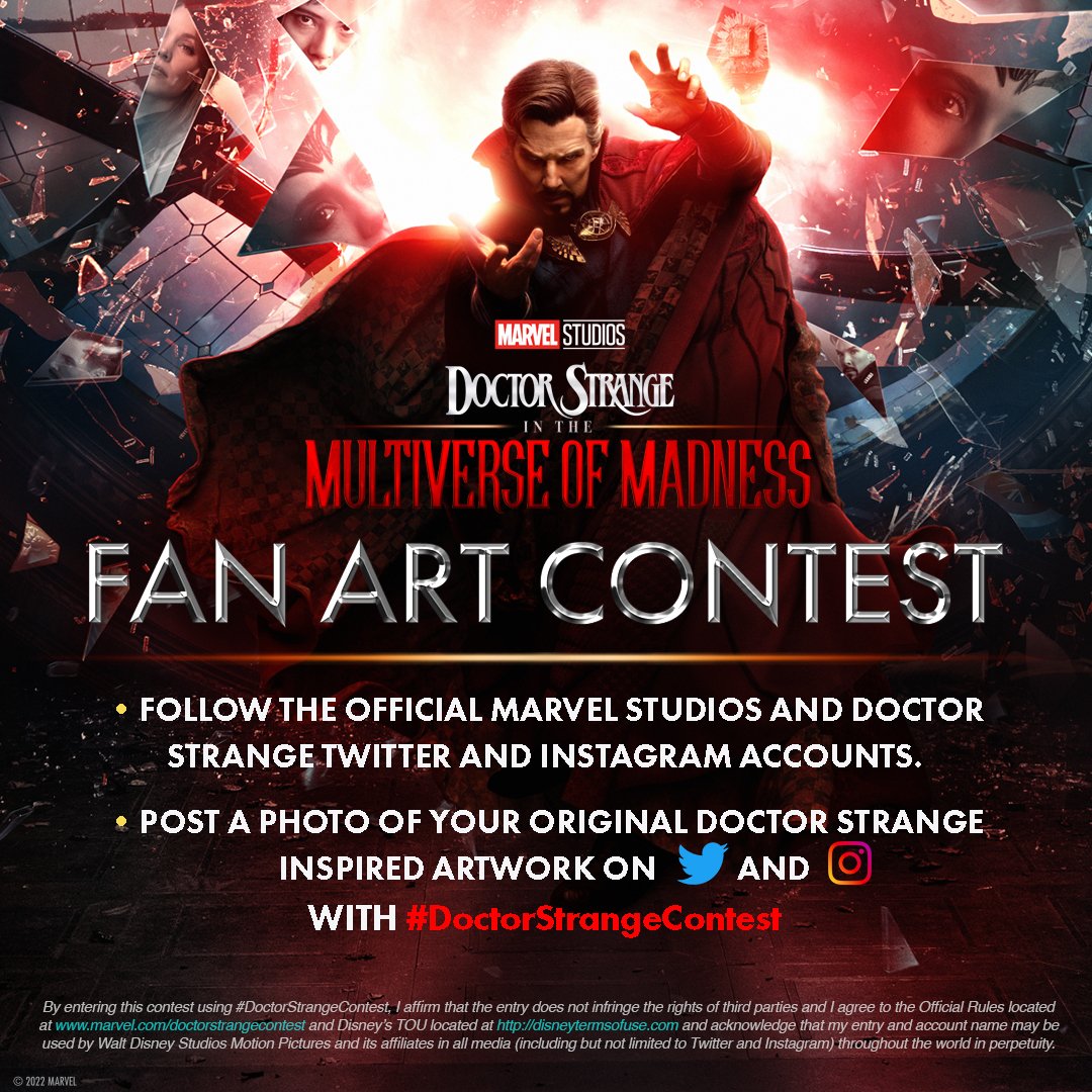 Marvel's tweet photo. Calling. All. Artists 📱‼️🎨 Post a photo of your original Marvel Studios' #DoctorStrange in the Multiverse of Madness inspired artwork with #DoctorStrangeContest for a chance to win a trip for 2 to the World Premiere 🤩 https://t.co/RuRdXsM2k1