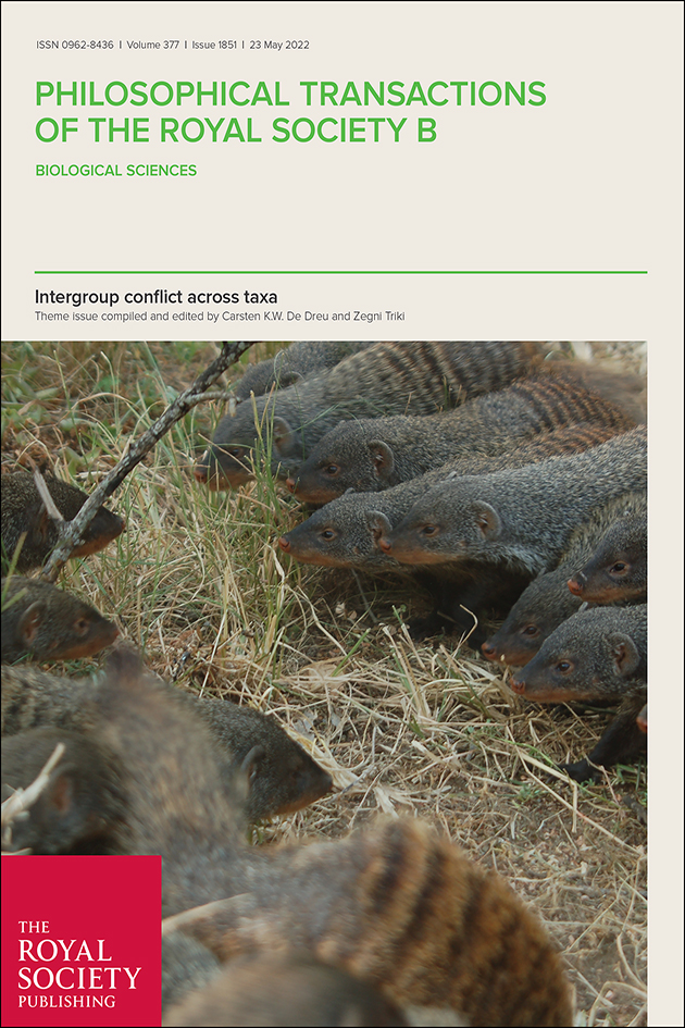 RSocPublishing's tweet photo. New issue of #PhilTransB edited by @ckwdedreu and @TrikiZegni - insights into the conflicts that emerge when individuals group together to compete against other groups for territory, food, mating opportunities, power and influence https://t.co/6SKkXEdaaL https://t.co/p9481spANK