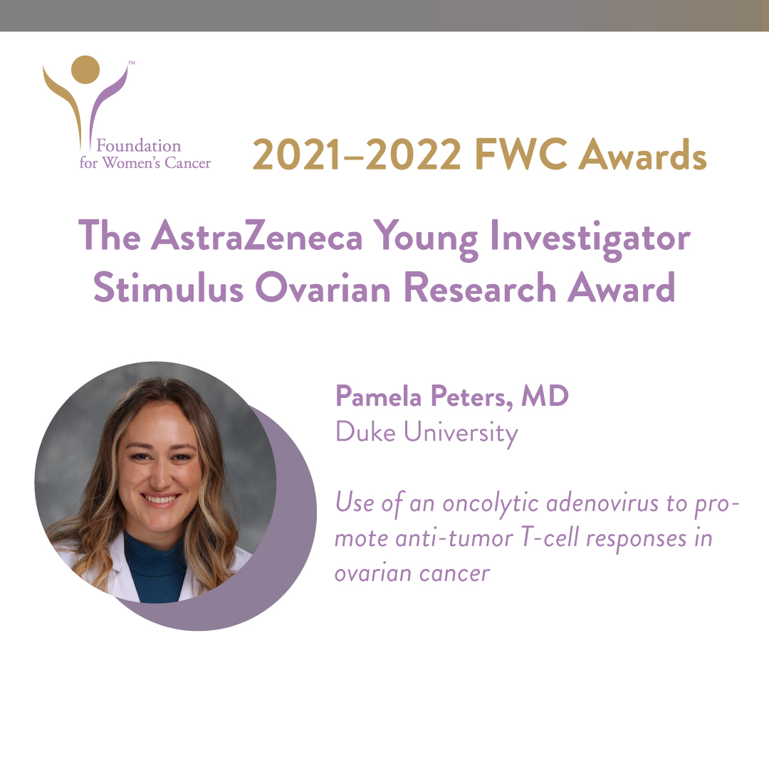 GYNCancer's tweet photo. Congratulations to Pamela Peters, MD, from @dukeobgyn, recipient of the @AstraZeneca Young Investigator Stimulus Ovarian Research Award for the abstract, "Use of an oncolytic adenovirus to promote anti-tumor T-cell responses in ovarian cancer." @pammiepeters #SGOmtg https://t.co/qnXtjeI9jW