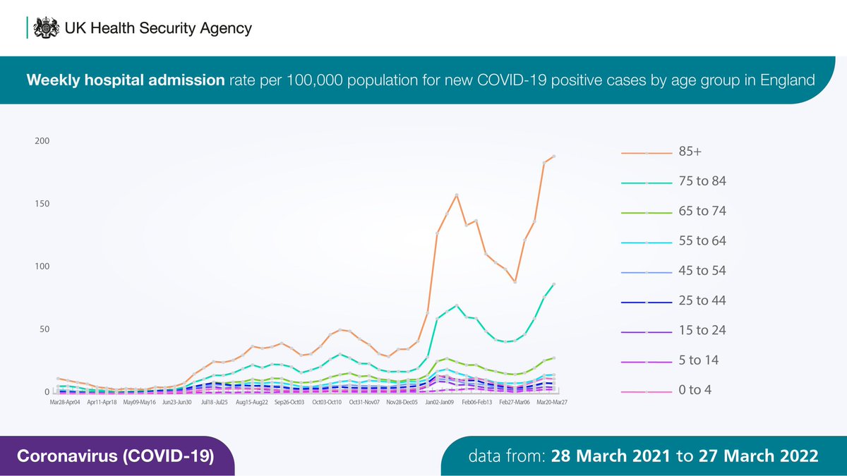 C19WeeklyStats's tweet photo. And finally, here is the latest graph showing hospital admission rates by age group in England. https://t.co/aG5D2aqPtE