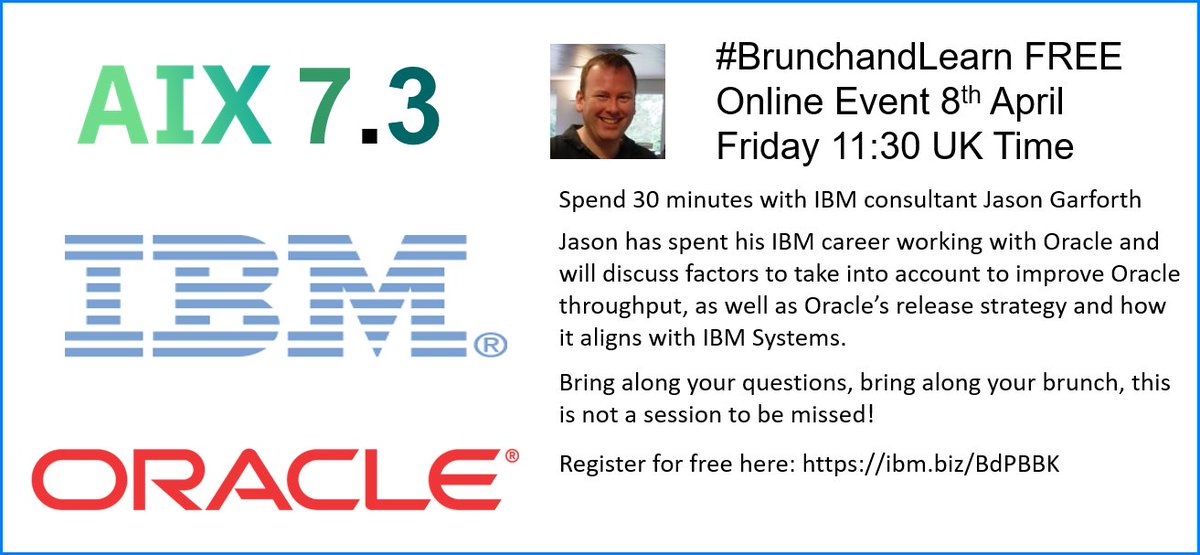 mr_nmon's tweet photo. FREE! Brunch and Learn online event
Friday 8th April 11:30 am UK time for 30 minutes.
Register for free here: https://t.co/tvpNPlK7v8 
#ibmaix  #oracle #ibmpowersystems #brunchandlearn https://t.co/yNe9aeeVR2