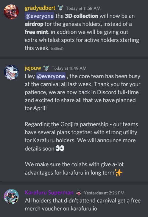 TheCollector11x's tweet photo. @KarafuruNFT knows how to treat their genesis holders!! AIRDROPS? INSANE PARTNERSHIPS? MERCH? What's next? Probably nothing...
@gradyedbertnft @Jejouw are the GOATS!!
#Karafuru #NFTs https://t.co/0YrxpFBCF7