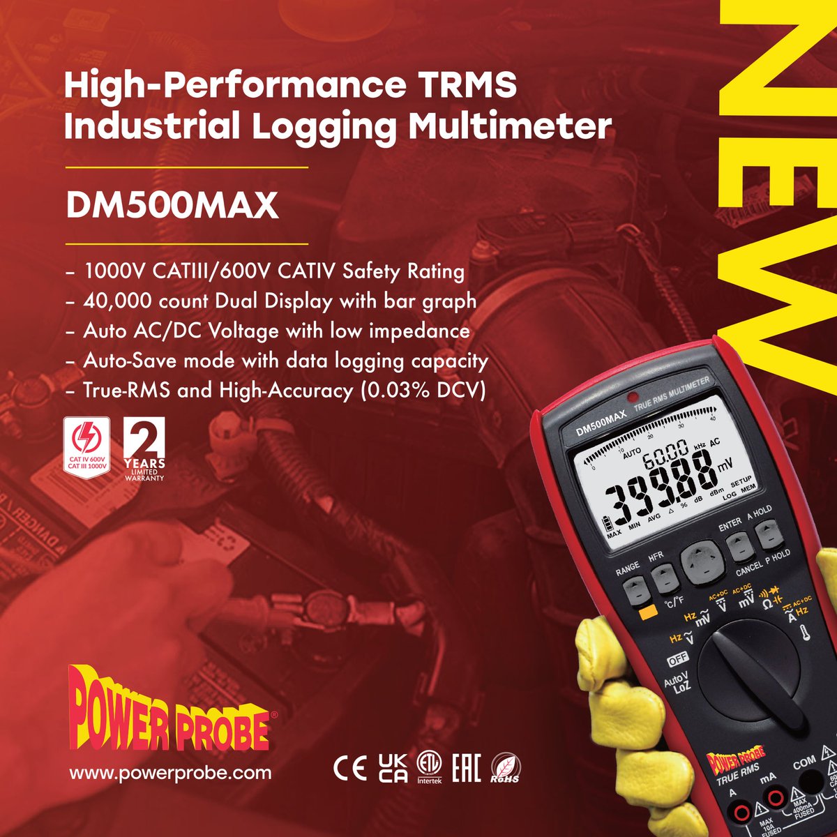 PowerProbeUSA's tweet photo. Packed with professional level testing features and superior measurement accuracy, the DM500MAX is the latest meter from Power Probe. It’s CATIII safety rating and drop tested housing makes the DM500MAX a wise choice for the toughest industrial work environments. https://t.co/FaFYCipUPI