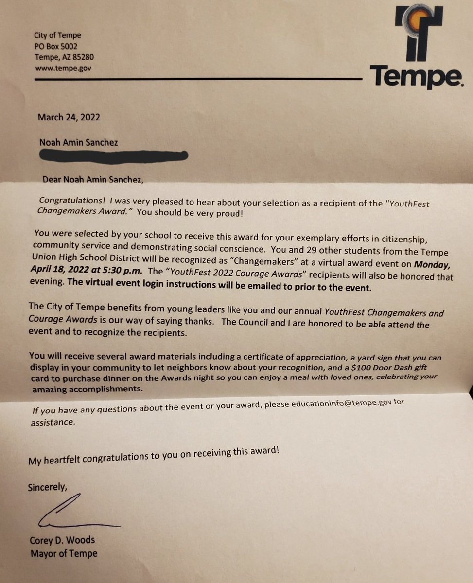 N_Sanchez_55's tweet photo. I am selected for the Youthfest Changemaker Award by the City of Tempe. The award is given for Citizenship, Community Service, and Demonstrating Social Conscience. 
#1315
@n_sanchez55 
#MHSChargerPride 
#ArizonaVarsity
#azpreps365  
@McClintockTUHSD 
@MDE_54 https://t.co/5TN4jqznwZ