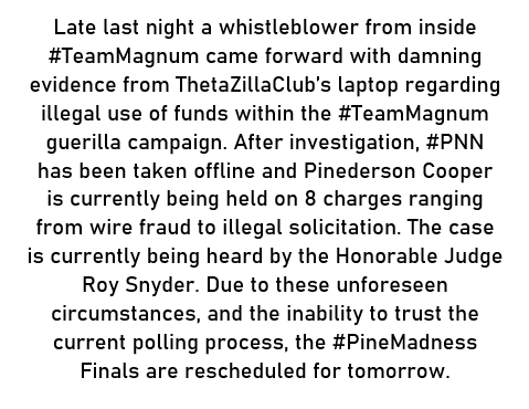 fka_Sheriff's tweet photo. *********BREAKING NEWS************
As you may have noticed @PineNewsNetwork has been taken offline. A brief regarding the events leading up to this below. More details will be released as soon as we learn more!
#PineMadness #TeamMagnum #TeamPopper @SecrtPineapple @TheRareRobot https://t.co/NUeABNH9M8