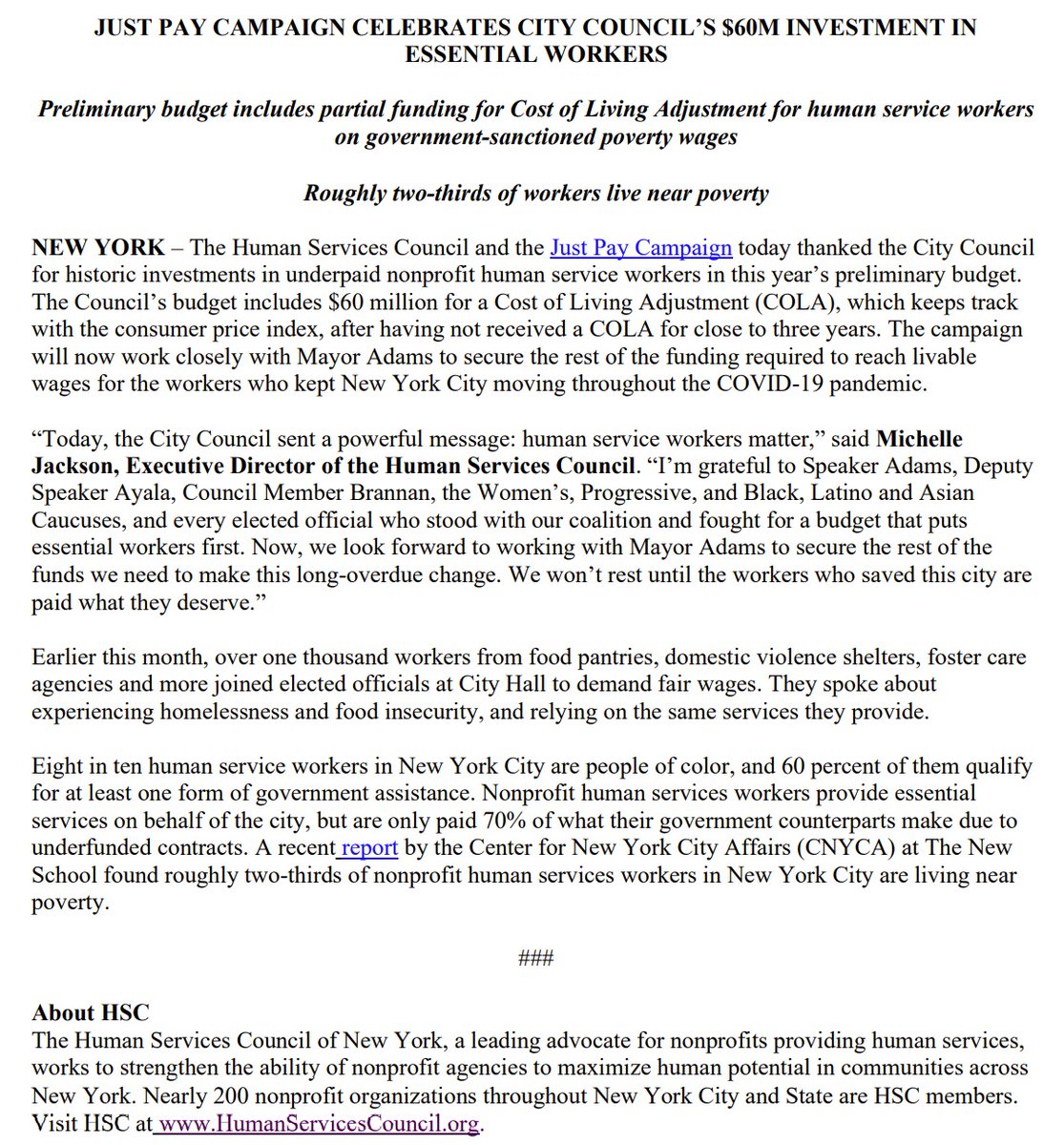 Happy Monday! Thank you @NYCCouncil for including $60m in COLAs in the Council response! We appreciate the great leadership of @AdrienneToYou @JustinBrannan for recognizing the value of #humanservices workers! See our statement for more. #justpay