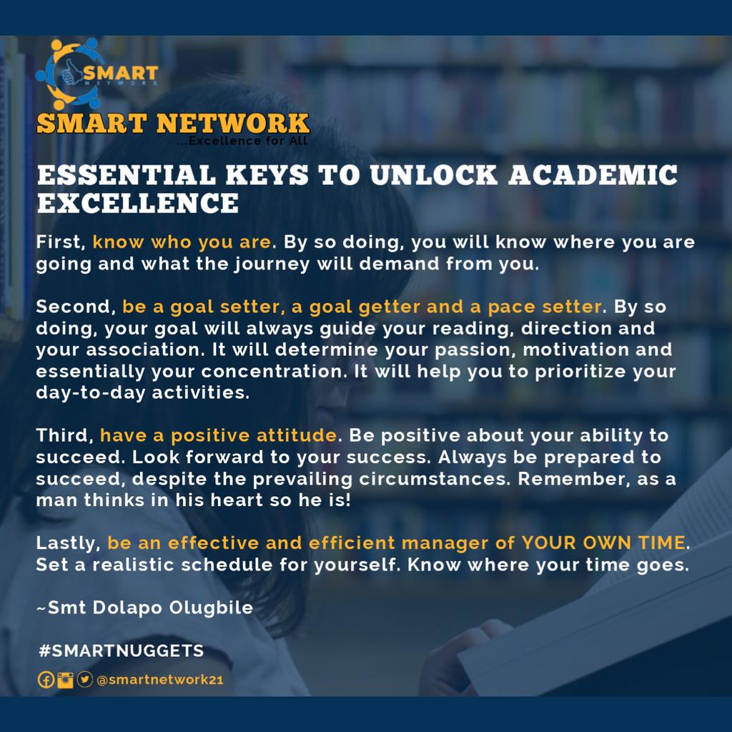 SMARTNetwork21's tweet photo. #SmartNuggets | 04-04-2022
Hello Scholars,
To every door is a key that perfectly fits in to make it open.
Bringing to your pleasant sight today are the essential keys to unlock academic excellence.
It is time you opened that door!
You've got this!
See you at the top! https://t.co/zrZs0wYd9Z