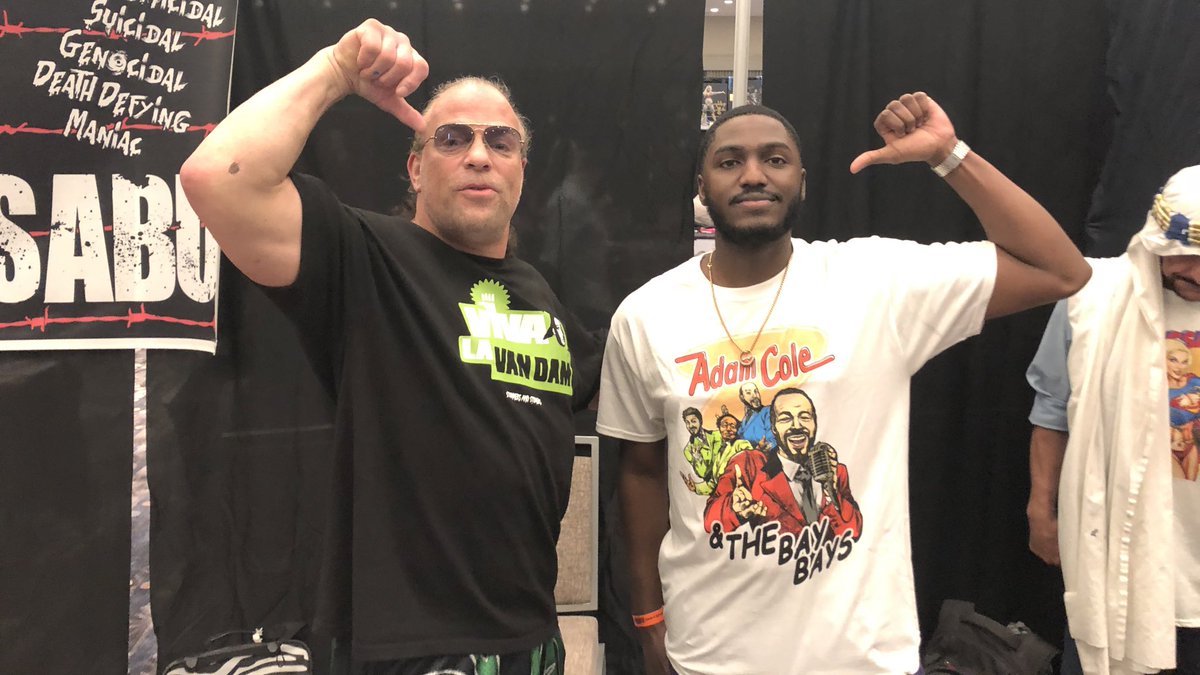 KSmall221's tweet photo. I got to meet @RealKurtAngle @TherealRVD @AdamColePro and a bunch of other wrestlers at @wrestlecon. Cole said he loved my shirt lol s/o to #DaParty (@AustinCreedWins @WWECesaro @MmmGorgeous ) https://t.co/L8kM8aV8BL