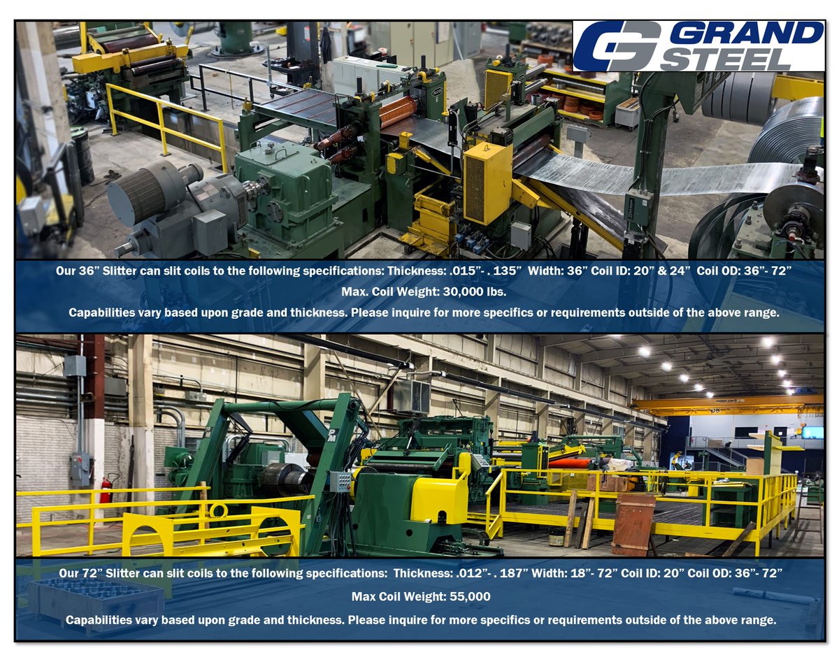 GrandSteel's tweet photo. Do you need your steel slit to a specific size?
Our 36" and 72" slitters will get the job done 🦾🦾
#BeGrand #Steel #SteelSlitting #Processing #Slitters https://t.co/x23iVmIJQa