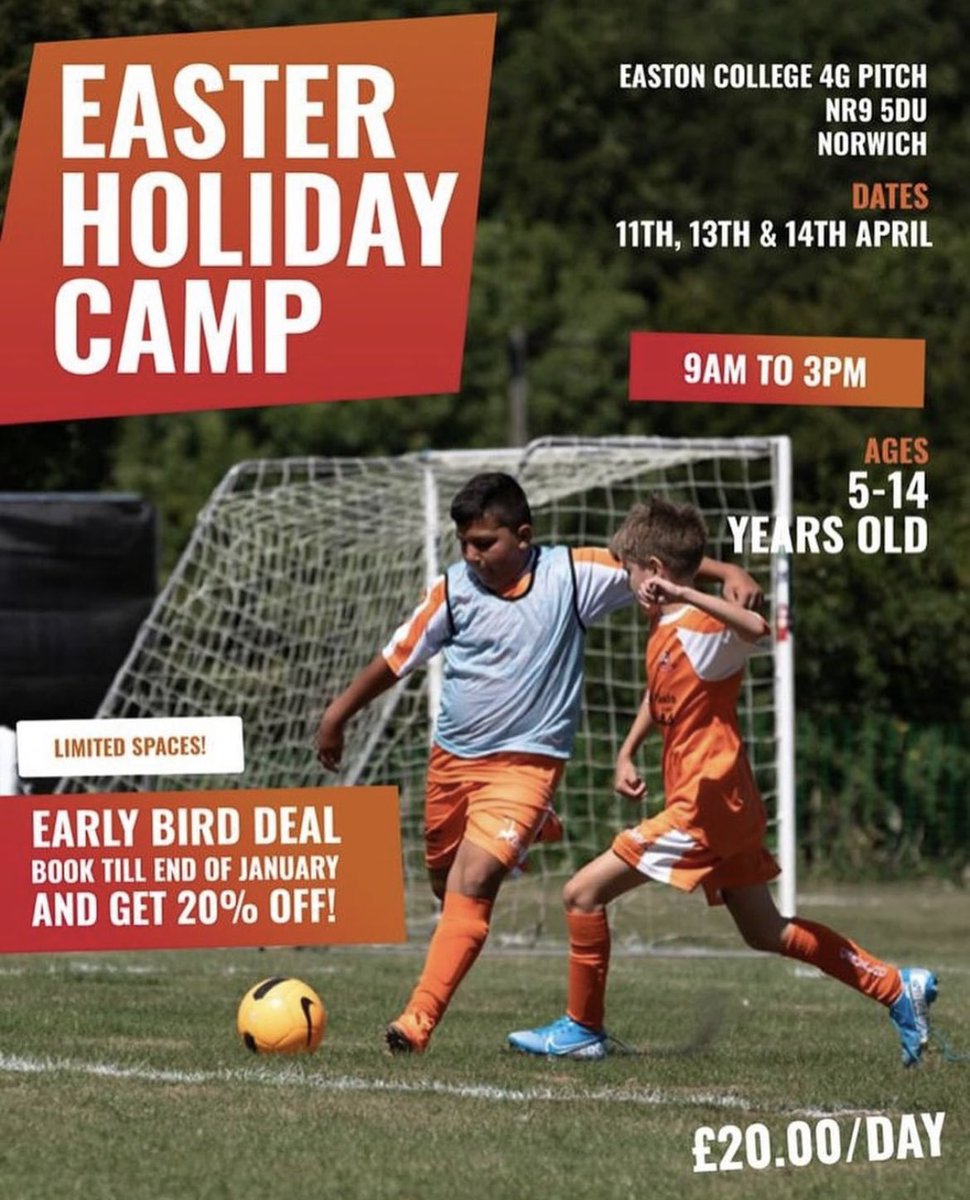 EASTER FOOTBALL CAMP! 

📍 Easton College
⏰ 9am - 3pm
🗓 11/04 - 13/04 - 14/04

Contact us to book! 

RT’s appreciated! 🧡