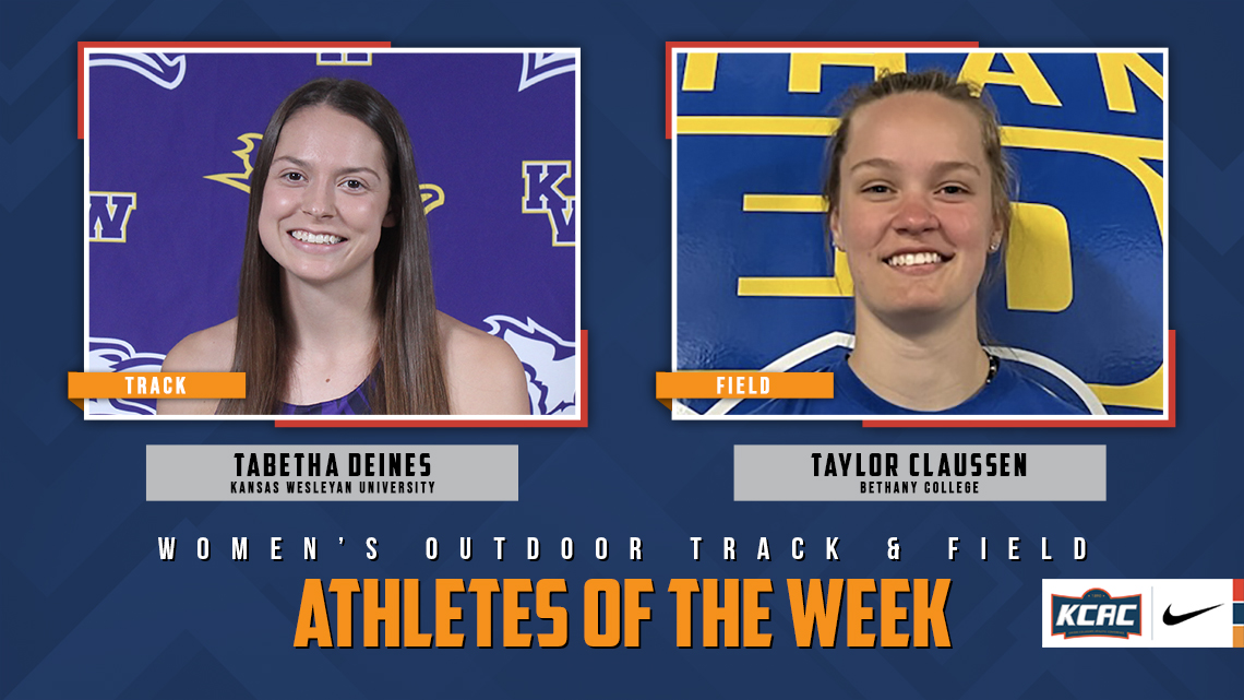 Tabetha Deines of <a href="/kwucoyotes/">Kansas Wesleyan Coyotes</a> and Taylor Claussen of <a href="/BethanySwedes/">Bethany Swedes</a> Earn KCAC Women's Outdoor Track &amp; Field Weekly Honors! bit.ly/3Jce2rQ #KCACotf

<a href="/NAIA/">NAIA</a>